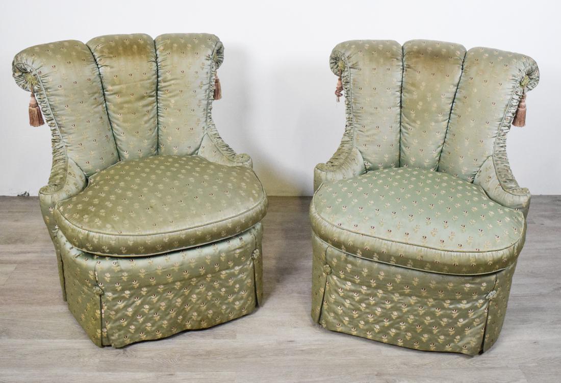 Pair of Napoleon III Style Slipper Chairs: Silk upholstered slipper chairs with channel backs. Height 33" Width 23" Depth 28"