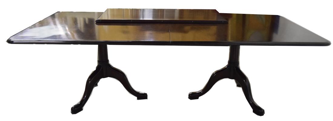 George III Style Dining Table: George III Style mahogany double pedestal extension dining table. Rectangular top with rounded ends and moulded edge. Comes with an extra leaf. Height 29" Length 96" Plus there are 3 Table Leaves each