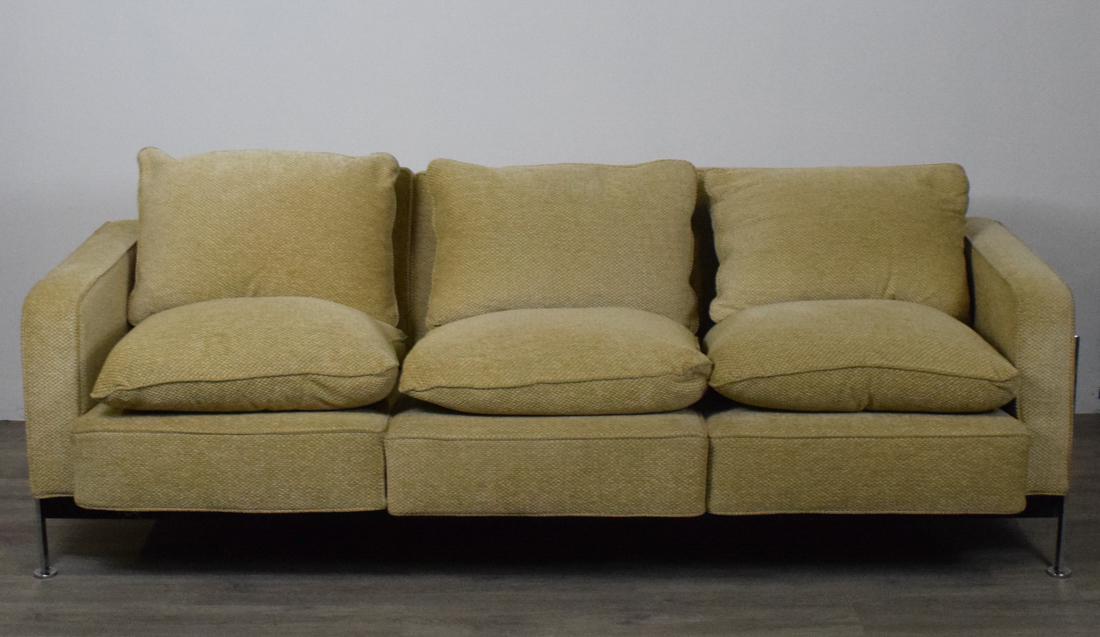 Milo Baughman Style Chrome and Fabric Couch: Three cushion chrome and fabric modern couch in the style of Milo Baughman