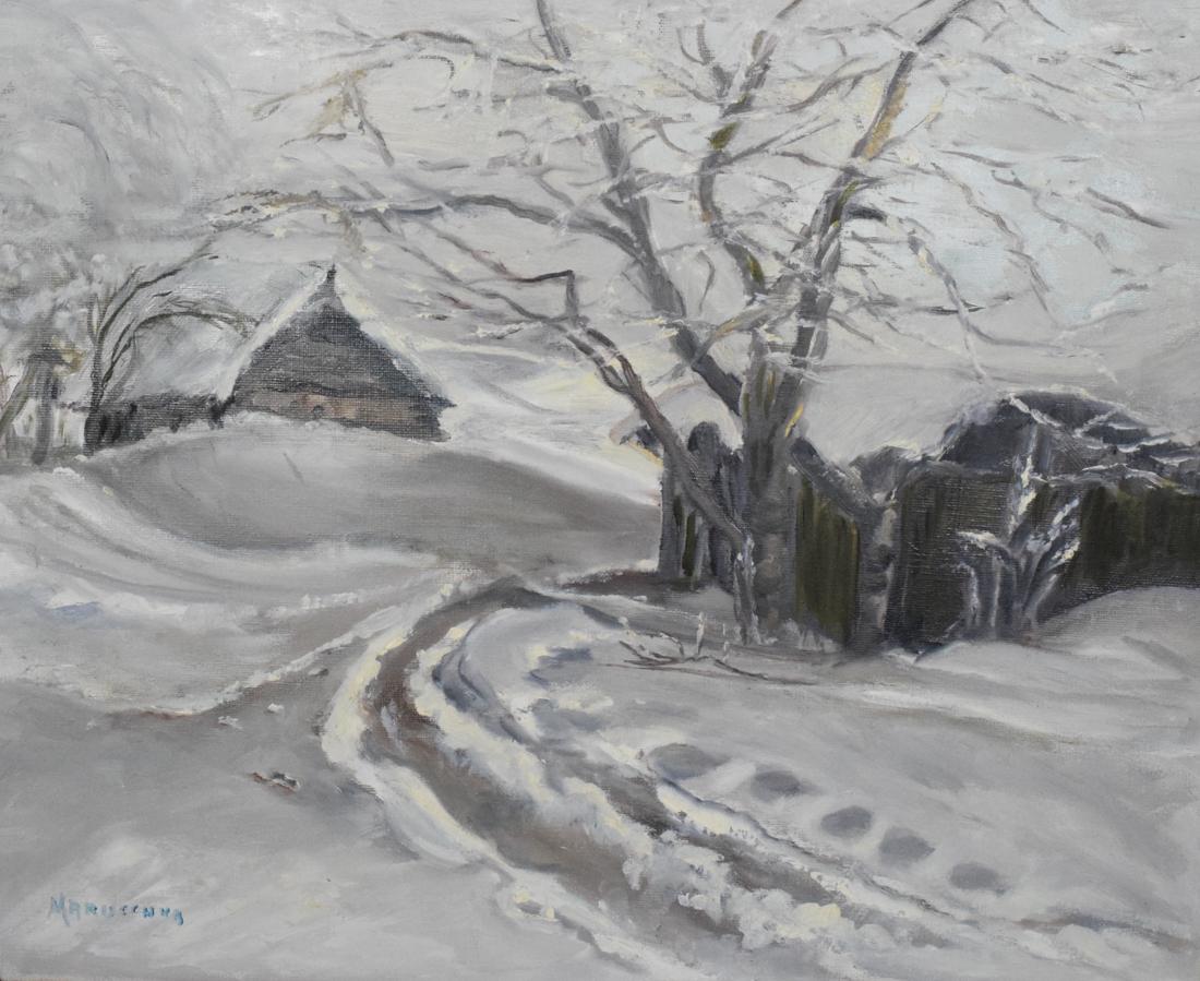 Oil Painting Maruschka Tenzer: Maruschka Tenzer ( Ukrainian 1937- ) Oil on canvas signed lower right "Maruschka" A snowy road.