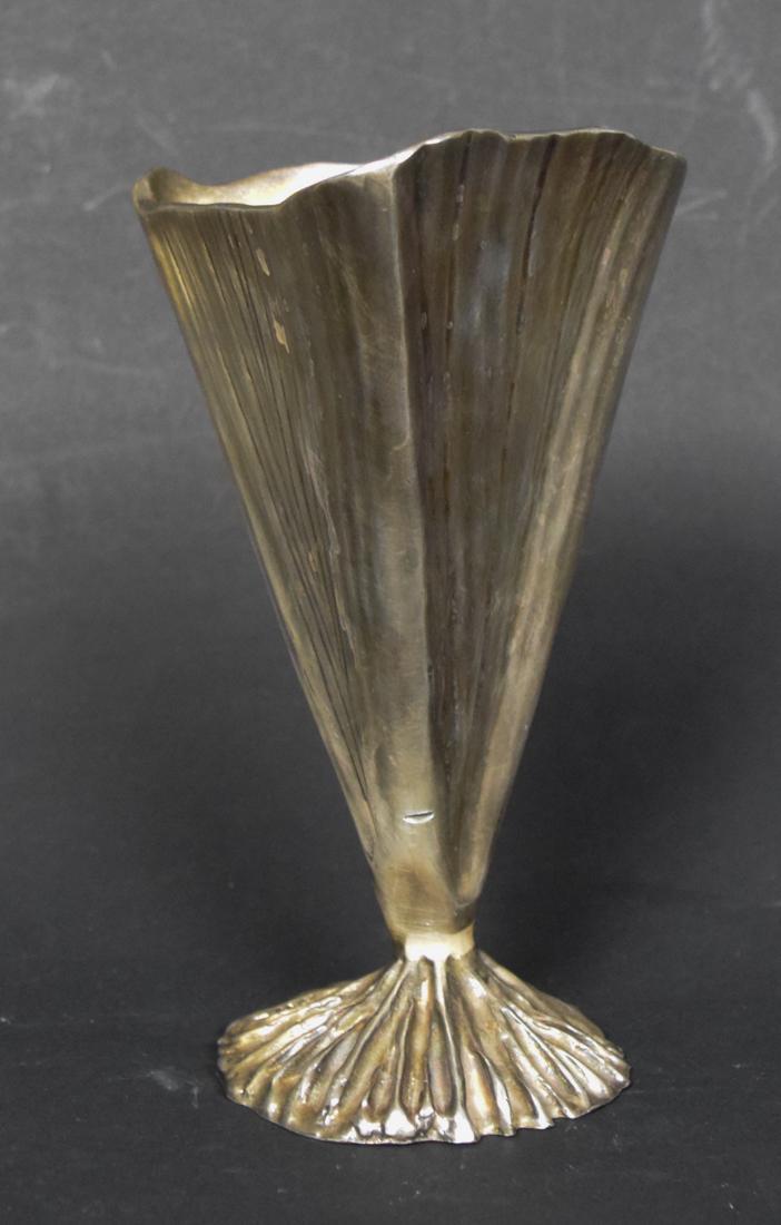 Christofle Palm Vase by Michele Oka Doner: Michele Oka Doner (American 1945-) Modernist vase for Christofle. Silver over bronze, marked on bottom with Christofle mark and 2 other marks and artists signature on inside of leaf, Height 6.25"