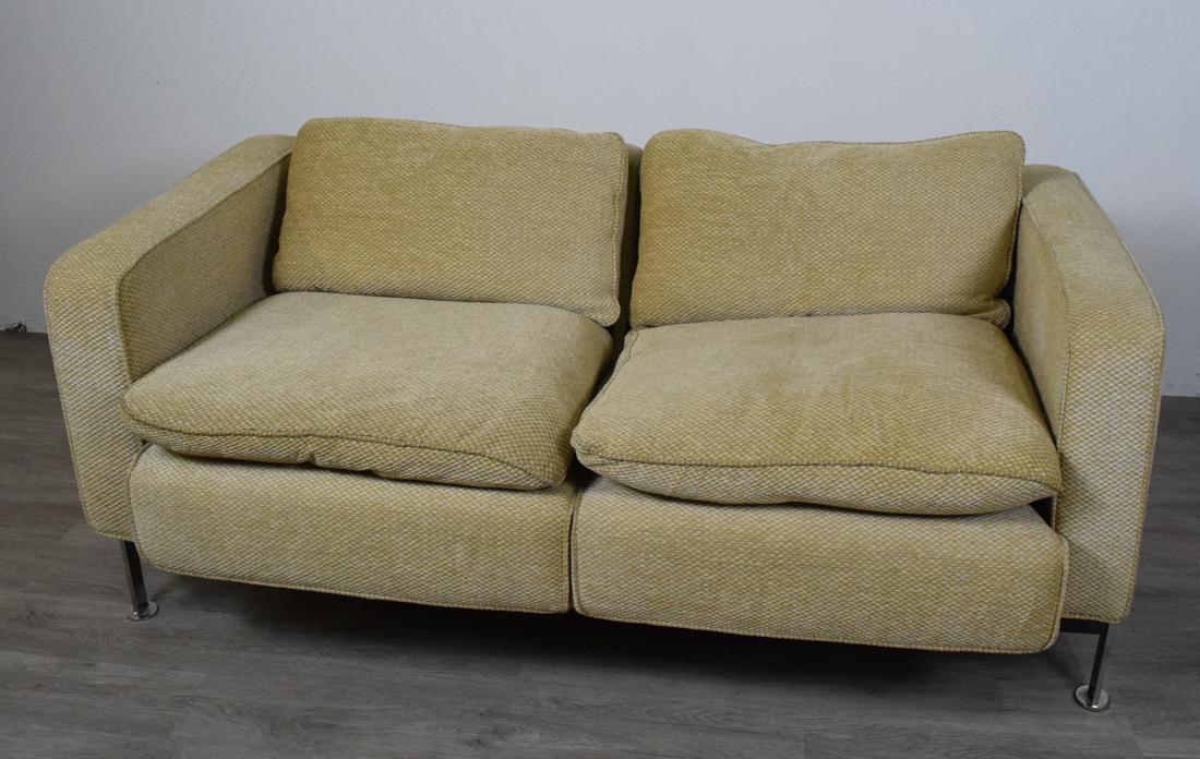Milo Baughman Style Chrome and Fabric Couch: Two cushion chrome and fabric modern couch in the style of Milo Baughman