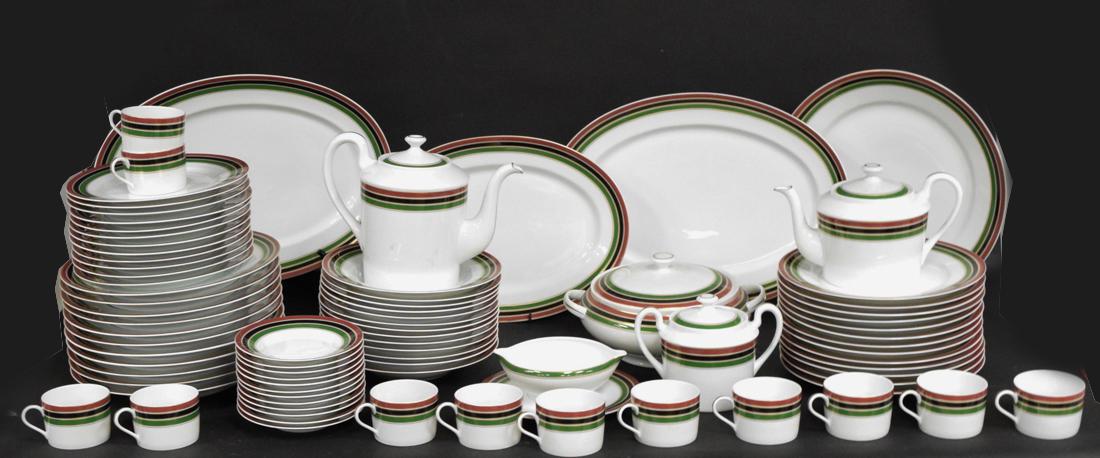 Limoges Porcelain Service for 12: 12 Piece Limoges France dinnerware set marked "Decor Inalterable" : 13 bowls, 1 coffee pot, 1 tea pot, 1 sugar bowl, 1 gravy dish, 14 cups, 13 medium plates, 11small plates, 11 large plates, 3 oval se