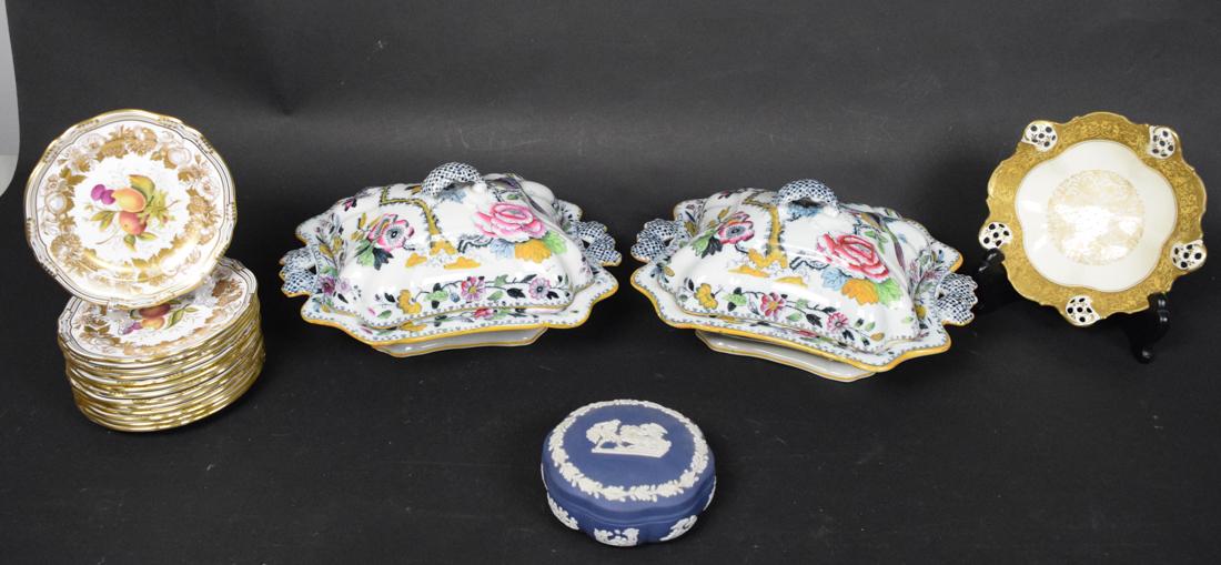Continental Porcelain Group Wedgewood Spode Rosenthal: Wedgwood Jasperware dresser box Rosenthal Gilt bowl with reticulated rim. Pair of Ashworth Brothers tureens 14 Spode "golden Valley" bread plates