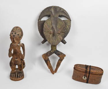 African Mask, Figure and Basket: Gabon Kota peoples Mbulu Ngulu copper and wood reliquary figure height 17". With a carved wooden effigy figure. Height 16"