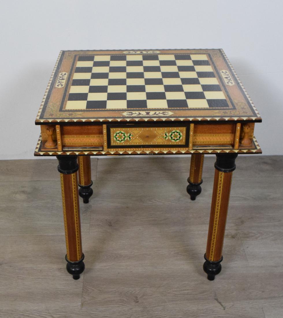 Indian Colonial Style Chess Table: Anglo-Indian colonial style chess inlaid chess table, missing chess pieces, 20" x 20".