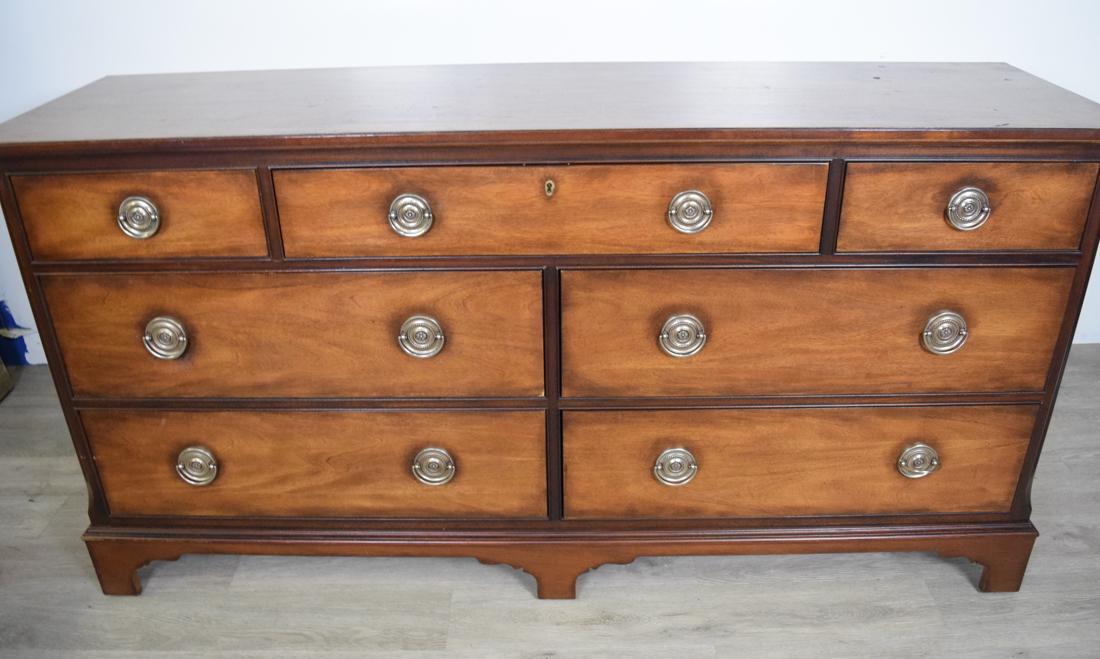 Ethan Allen Federal Style Dresser: Federal style. Dark wood with light wood door fronts. Length 49.5" height 30.5" depth 26.5"