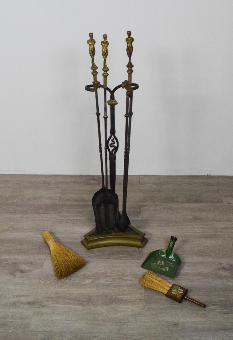 Bronze and Iron Fireplace Tools: Set of antique bronze and iron fireplace tools: tongs, poker, shovel, 2 sweeps, and dustbin, main tools have devil handle, 37" tall.