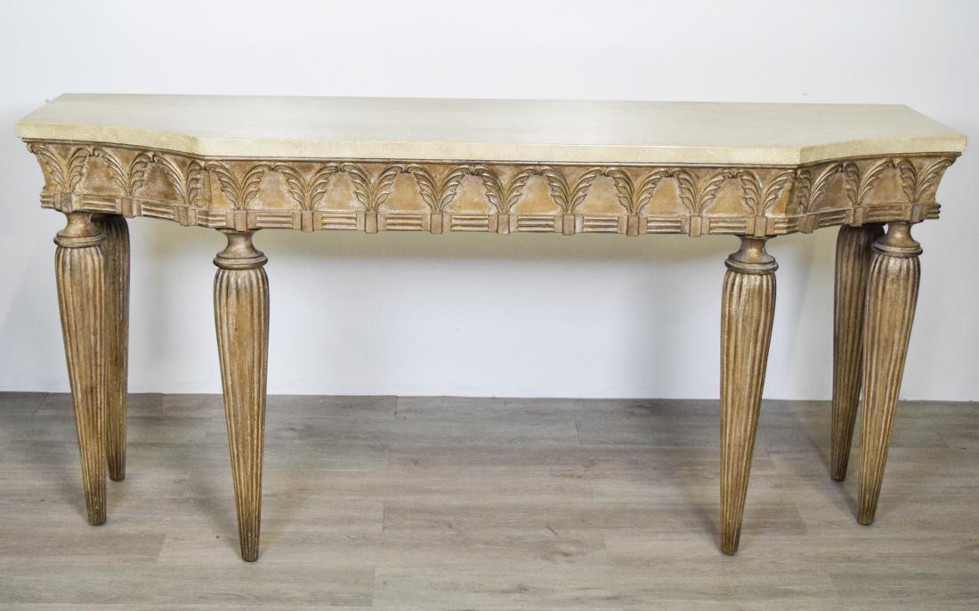 Decorator Console Table: Faux marble top supported by skirt with acanthus leaf motif. Loose legs Dimensions: 34.5" H x 72" L x 20" W