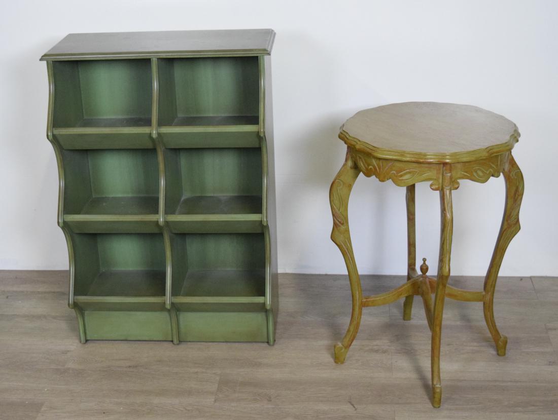 Painted Shoe Bin and Side Table: Paionted green shoe bin with six cubbys 34" H x 24" L x 18" W and Side table with cabriol legs and stretcher: 27" H x 17" Diameter
