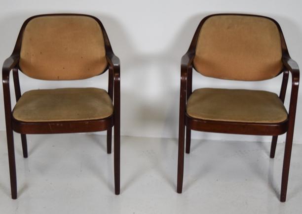 2 Knoll Wood and upholstered Office Arm Chairs: 32"H x 22" L x 20"W, marked with label - some spots on seat
