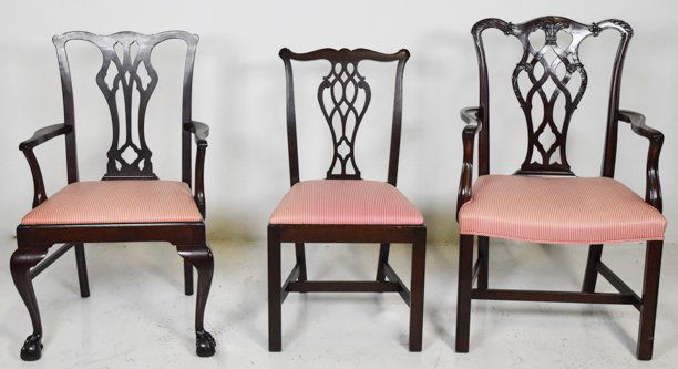 3 Chippendale Style Dining Room Chairs - Two arm chairs: 25" 40 x 18.5" largest arm chair - Set of three chairs with same striped fabric, Two Arm chairs, some staining on fabric