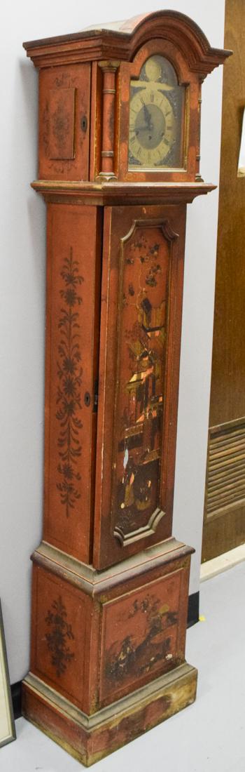German Chinoiserie Case Clock: Red case featuring pagoda and figural scenes. Clock works marked "Unghans J Wurttenberg A32" Losses throughout. Height 67"