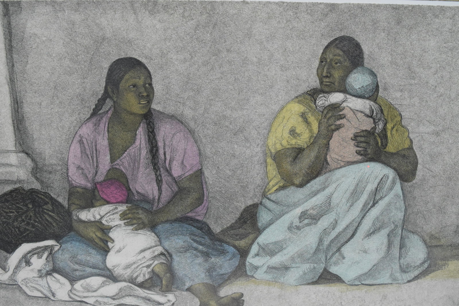 Francisco Zuniga Lithograph: Francisco Zuniga (Mexican 1912-1998) Lithograph Dos Mujeres con Ninos printed by Kyron Press and with their blindstamp, published by Brewster Editions, New York. 42/135 1985. 35 x 24 inches.