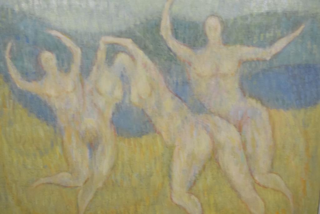 Modern Impressionist Oil Paintings: Beveridge Moore (American 1915-2004) Oil on canvas of womandancing. Signed lower left Beveridge Moore. Titled on verso 'Game'. 59" Tall 60" Wide John Corwin House Lambertville NJ