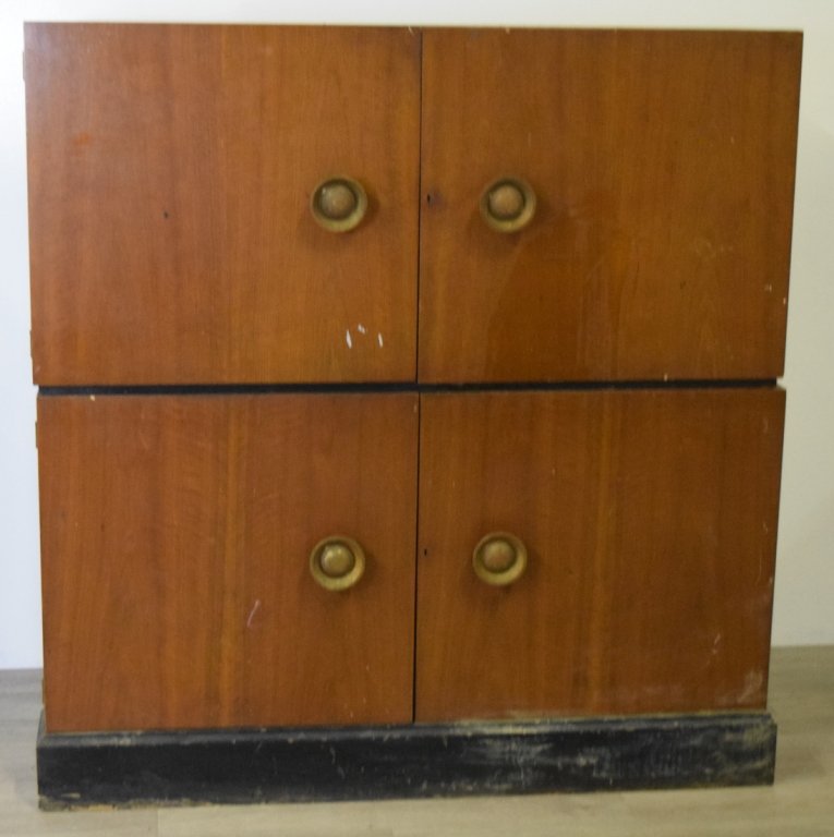 John Stuart Cabinet: John Stuart two part cabinet with interior drawers and shelves. John Stuart tag in drawer. Needs work thoughout 58 1/2"W x 56"H x 18"D