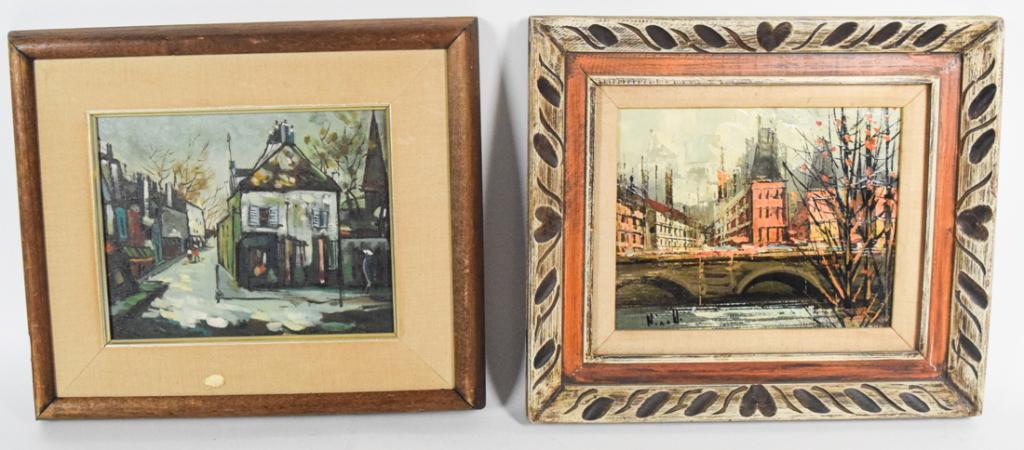 Two Mid Century Paintings of Towns: Oil on Canvas of street in winter with houses. Signed "Valantino G" lower right. 9 1/2" Wide 7 1/2" Tall. Oil on canvas of a city with bridge in the foreground Signed illegibly lower left 9 1/2" Wide