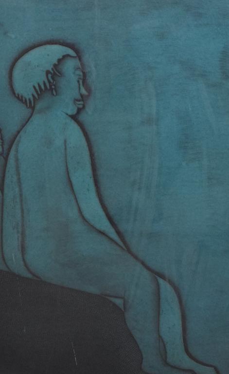 Lithograph of Seated Figures by Tornero: Sergio Gonzalez Tornero (Chili 1927-) Lithograph "Venus" Blue figures in a sitting position. Signed lower right "Sergio Gonzalez Tornero 1968" In pencil in margin " Artist's Proof" "Venus". 16" Wide 2