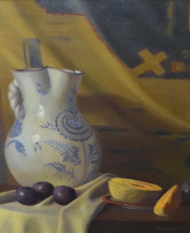 Still life Oil on Canvas: A still life of a stoneware pitcher with plumbs an cantaloupe. signed lower right "M Marshall '90" 19" Wide 23" Tall John Corwin House Lambertville NJ