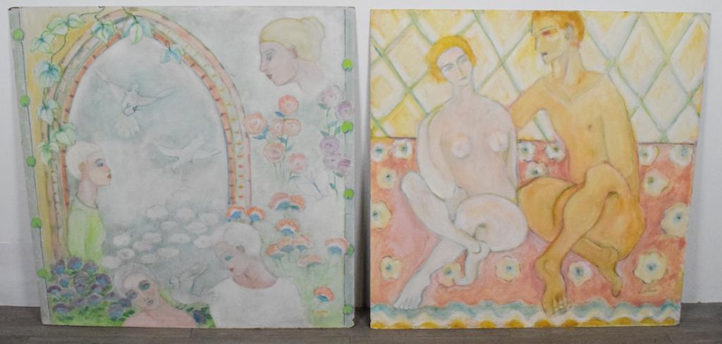 Two Modernist Oil Paintings: Oil on board. Woman in a garden with flowers and doves. Man and woman on bed. Both in pastel colors. Both signed lower right "Walker" . Each 36" Square. John Corwin House Lambertville NJ