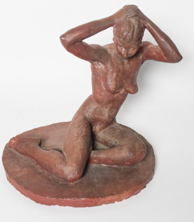 Clay Sculpture of Seated Nude: Red clay sculpture of a seated nude woman. Signed "Miller" on base. 12" Tall John Corwin House in Lambertville, NJ