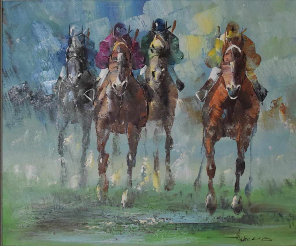 Oil Painting of a Horse Race: Anthony Vecchio (American 1949-) Oil on canvas of horse racing. Signed lower right A Veccio. 19 1/2" Tall 23 1/2" Wide John Corwin House Lambertville NJ