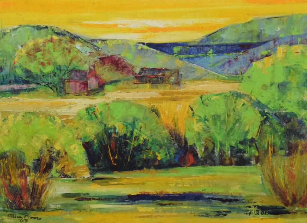 Mid Century Modern Oil Painting of Landscape: Oil on board signed Alice Moore 63. Titled on verso View From Windy Bush Road. 17" Tall 23 1/4" Wide John Corwin House Lambertville NJ