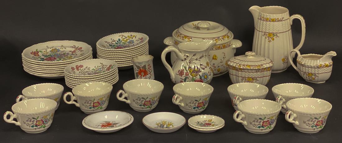 English Porcelain Grouping Spode Ironstone: 37 pieces total. Spode Romney, Spode Gainsborough pitcher, 4 pieces Spode Buttercup including covered serving dish, Spode Indian Tree jelly, 34 pieces Mason's Ironstone Fruit Basket, 24 pieces Old