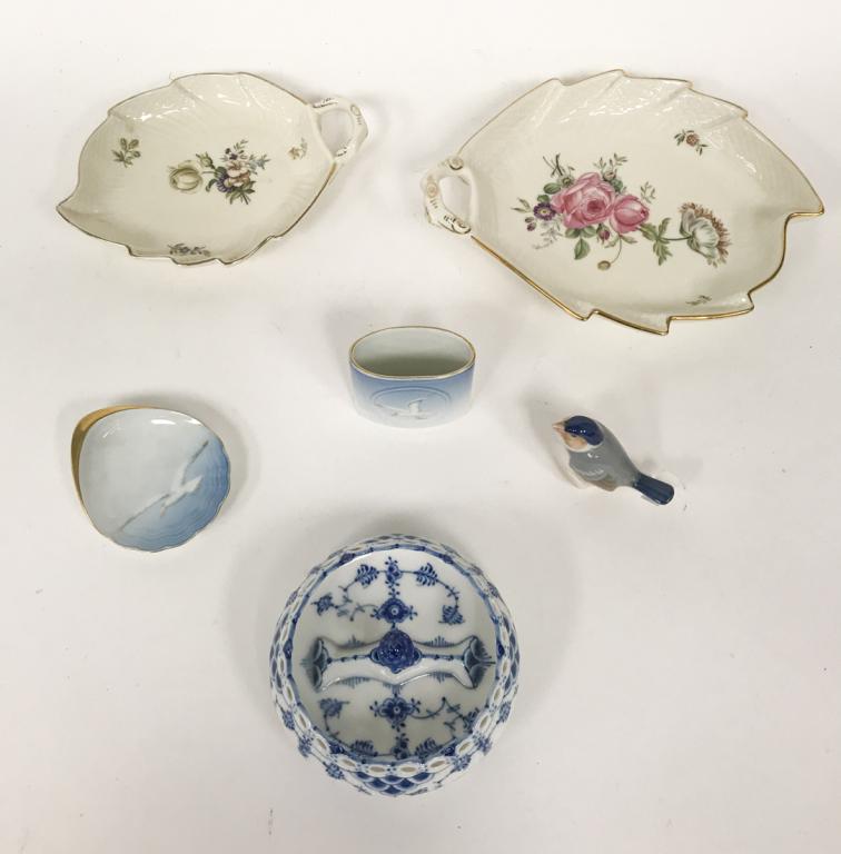 Danish Royal Copenhagen Porcelain Lot: B&G toothpick holder and dish, 4 pieces Royal Copenhagen including 2 dishes, ashtray and bird. Largest Royal Copenhagen dish 9"