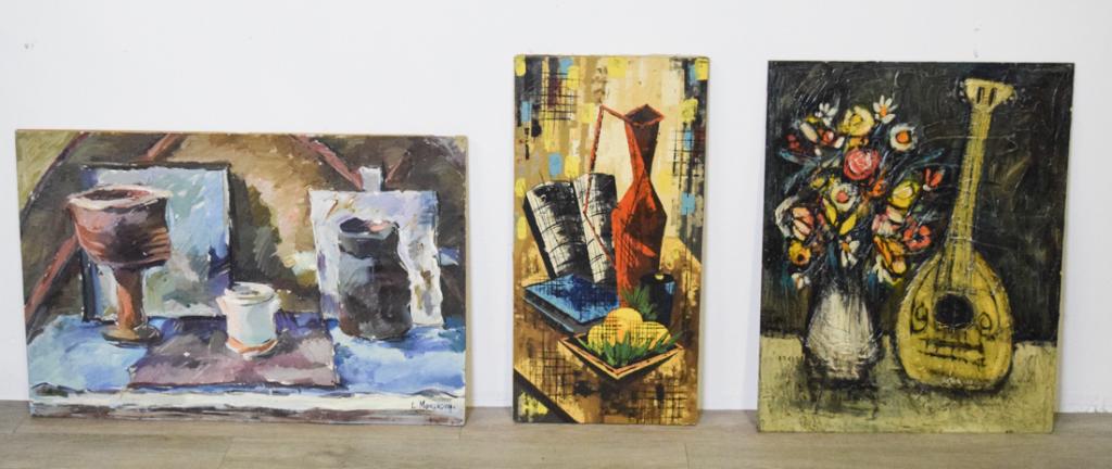 Three Mid Century Still Lie Oil Paintings: Oil on masonite 30" Tall 24" Wide. Oil on canvas signed Cassard 30" Tall 15" Wide. Oil on canvas signed L Makarova with info on verso 24" Tall 36" Wide