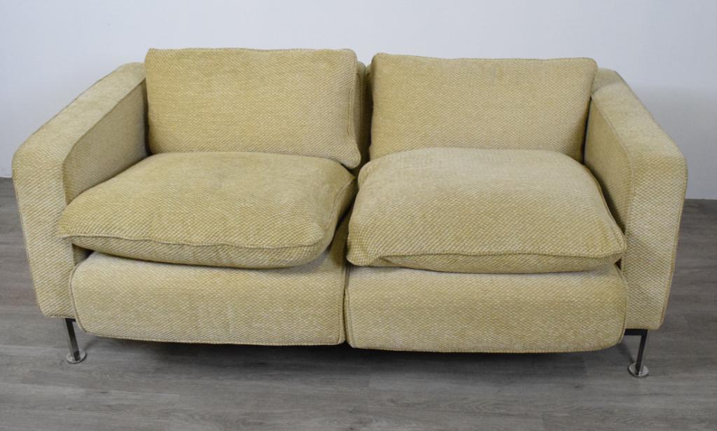 Milo Baughman Style Chrome and Fabric Couch: Two cushion chrome and fabric modern couch in the style of Milo Baughman