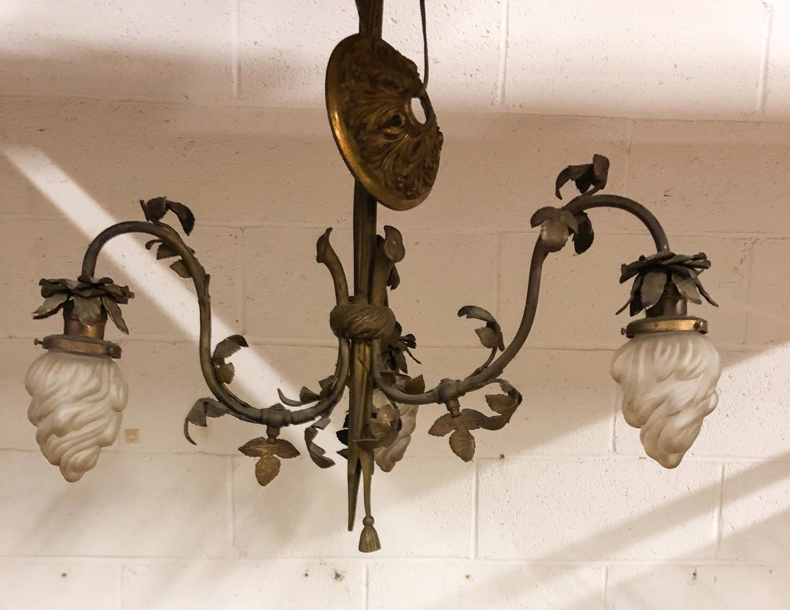 Ornate Late Victorian Hanging Light Fixture: 25"H x 20" W, leaf and ribbon design, circa 1910-1930's