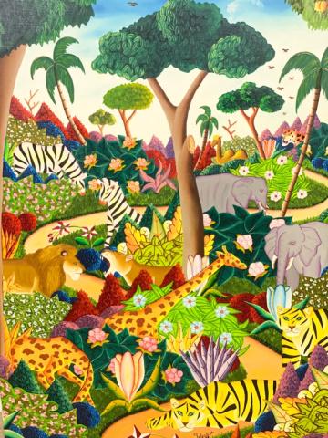Signed Jerome Polycarpe Oil on Canvas: Jerome Polycarpe (Hatian 1950-) Haitian oil on canvas Jungle Scene signed J (Jerome) Polycarpe. Unframed. 48"H x 36"W