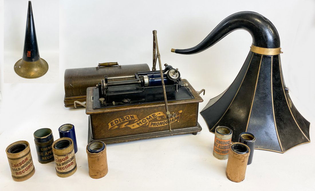 Edison Home Phonograph: Edison Home Phonograph, with extra horn and two boxes of wax cylinders. Missing winder. Case with lid 16 1/2"W x 12"H