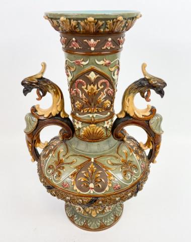 Wilhelm Schiller Majolica Vase: Majolica urn marked WS & S (Wilhelm Schiller & Sons). #2291. 18 1/4"H x 12"W at handles