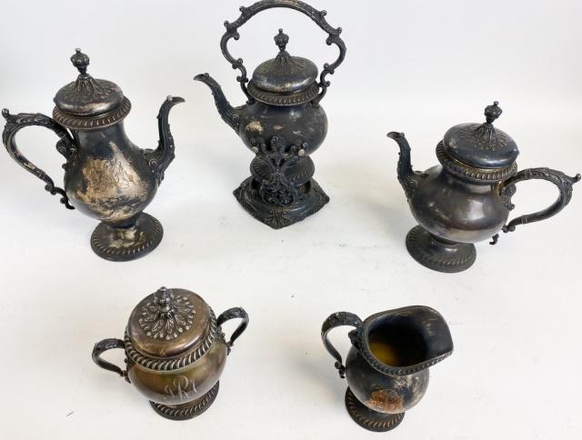 Five Piece Silverplate Tea Set: 5 piece silverplate tea set, EG Webster & Son. Includes hot water dispenser on stand, teapot, coffee pot, sugar & creamer. Monogrammed. Hot water pot on stand 14"H