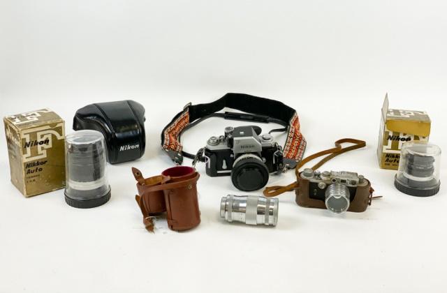 Camera & Lens Lot with Nikon, Nicca, Canon: Nicca Type IIIS camera, Nicca Camera Company Ltd., with Nikkor Nippon Kogaku Japan SC lens 1:1.14f = 5cm; Nikon F camera with Nikon Nikkor-S 1:1.4 50mm lens with cap, with leather case; Nikon Nikkor-Q
