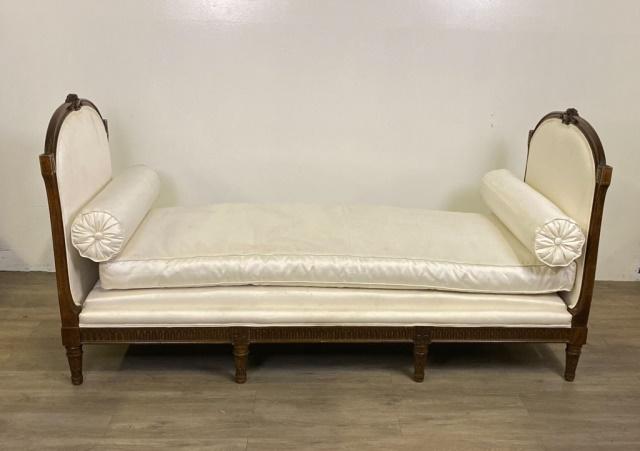 French Daybed Silk Upholstery: Daybed with white silk upholstery. 37 1/2"H x 72 1/4"L x 32"W