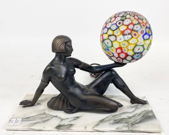 Art Deco Spelter Table Lamp: Art deco style spelter table lamp reclining dancer with Millefiori shade, on grey veined white marble base. 10 1/2"H x 14"L