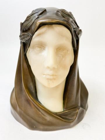 Bronze & Alabaster Art Nouveau Bust: Bronze & alabaster art nouveau bust. 7 3/4"H