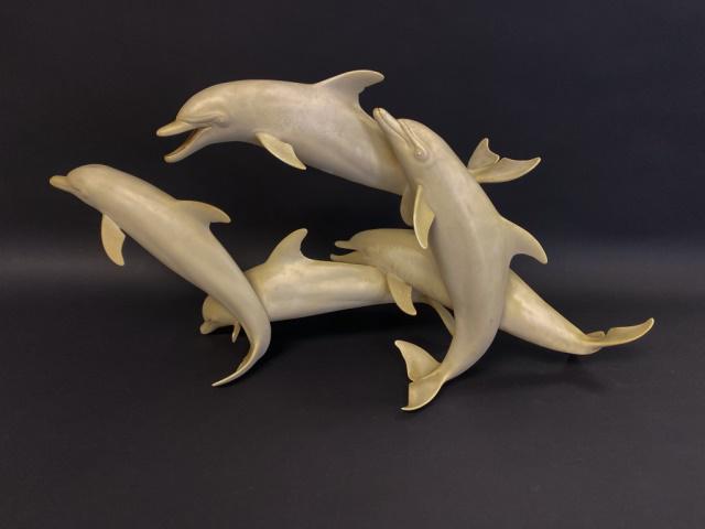 Hutschenreuther Porcelain Dolphin Group: Lorenz Hutschenreuther Germany porcelain Dolphins, by Gunther Granget. Numbered 460 of 500, with Hutschenreuther paper label. 13"H x 26"W