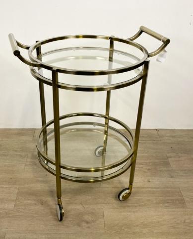Brass & Glass Bar Cart: Brass and glass bar cart, on casters. 33 1/2"H x 26 1/4"W with handles