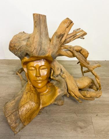 Carved Wood Tree Trunk Bust (1 of 7)