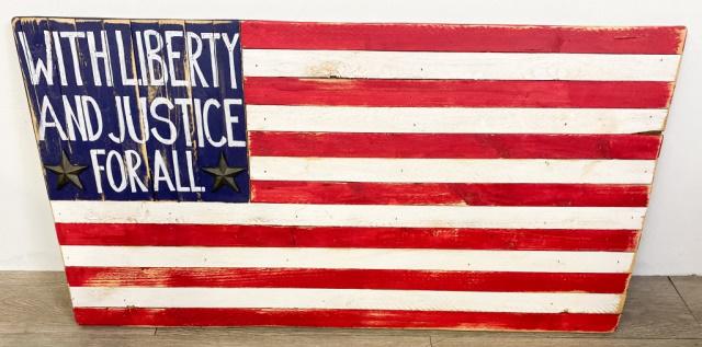 Hand Painted Wooden American Flag: American flag hand painted on wood. 19"H x 35 3/4"W