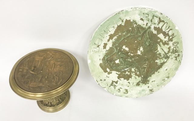 Brass Scale and Table Top Grouping: Brass scale, brass compote, plaster plaque.