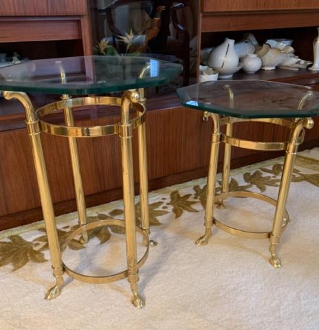 2 Brass & Glass Hoof Foot Side Tables: 2 brass and glass side tables with hoof feet, larger 21 1/2"H