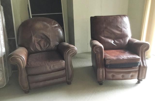 Pair of Leather Recliners: Pair of leather recliners, 39" x 38" x 30"