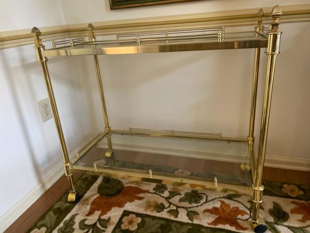 Two Tier Brass & Glass Bar Cart: 2 tier brass and glass bar cart on wheels. 34"H x 36"W x 18"D