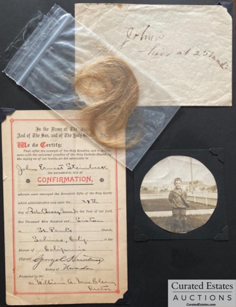 John Steinbeck's baby photos, hair, confirmation: Five baby photos of John Steinbeck from Salinas, California with two original negatives. Locks of John's hair from 25 Months old. John Ernest Steinbeck Confirmation Certificate from Saint Pauls Church