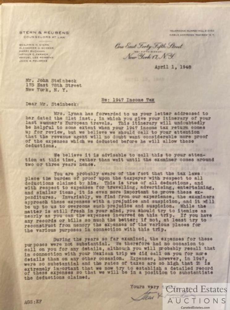 Legal papers to Mr Steinbeck about a lawsuit: Collection of 11 letters to Mr. John Steinbeck from his New York Law firm Stern & Reubens representing him in various legal matters including what looks like a potential lawsuit from Berny Byrens Prod